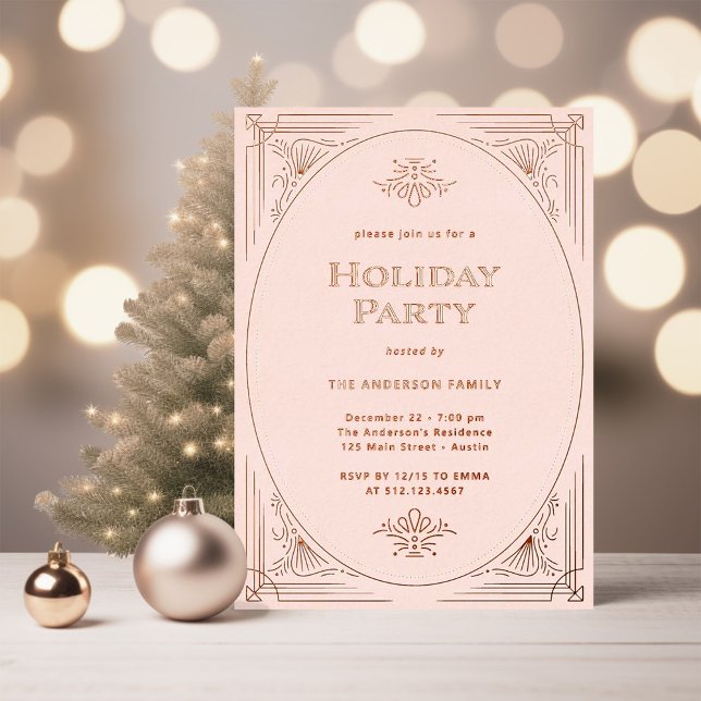 Modern Deco | Elegant Pink Holiday Party Rose Gold Foil Invitation (An elegant, art deco style holiday party invitation in shimmering rose gold foil on blush pink)
