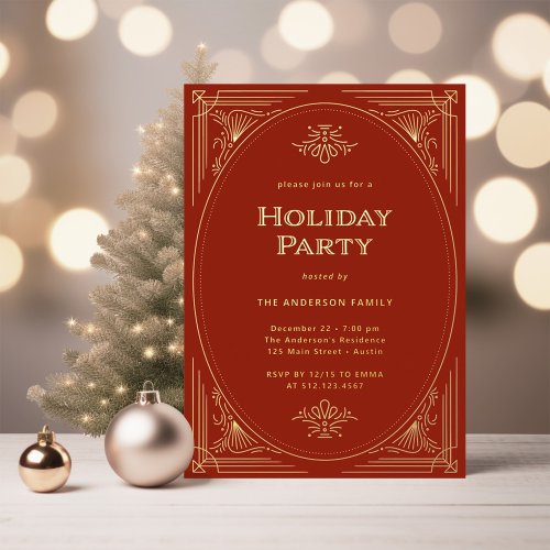 Modern Deco  Elegant Red Holiday Party Gold Foil Invitation