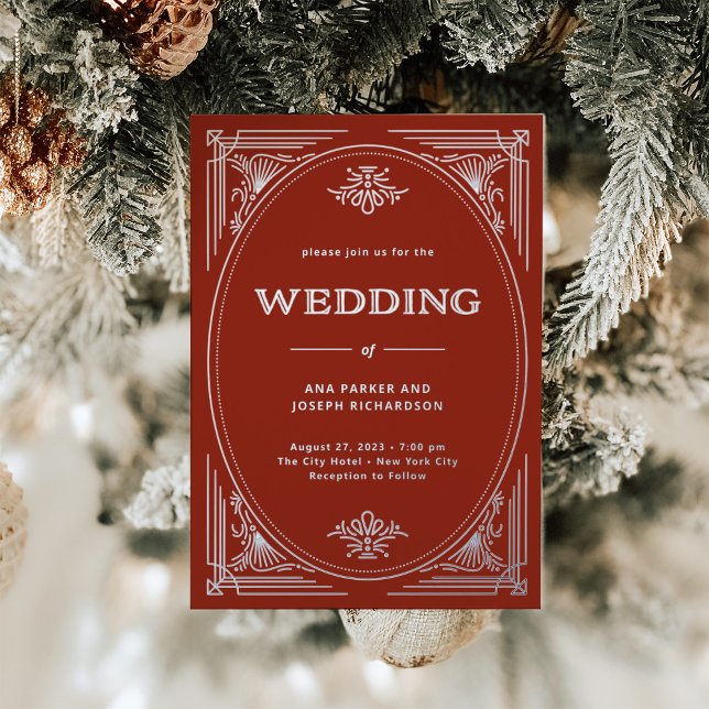 Modern Deco | Elegant Red Holiday Wedding Foil Invitation (An elegant, glamorous Christmas wedding invitation in festive red with silver foil accents)