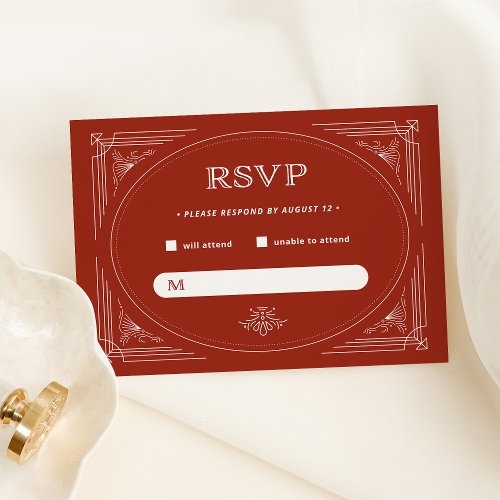 Modern Deco  Elegant Red Holiday Wedding RSVP Card