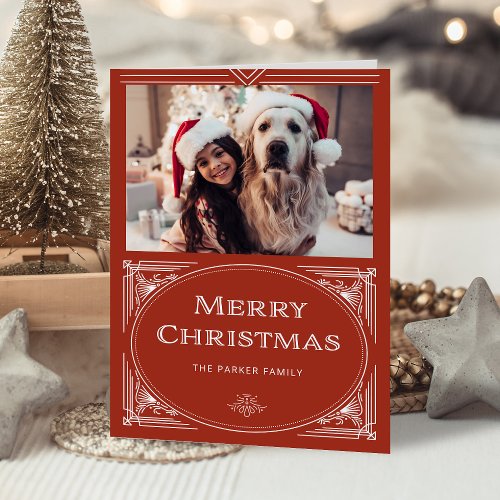 Modern Deco  Elegant Red with Photo Holiday Card