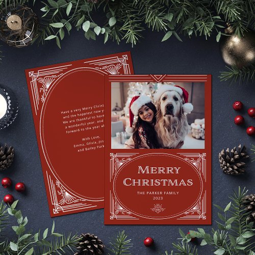 Modern Deco  Elegant Red with Photo Holiday Card
