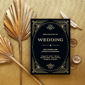 Modern Deco | Elegant Wedding Black and Gold Foil Invitation