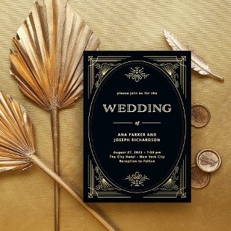 Modern Deco | Elegant Wedding Black and Gold Foil Invitation