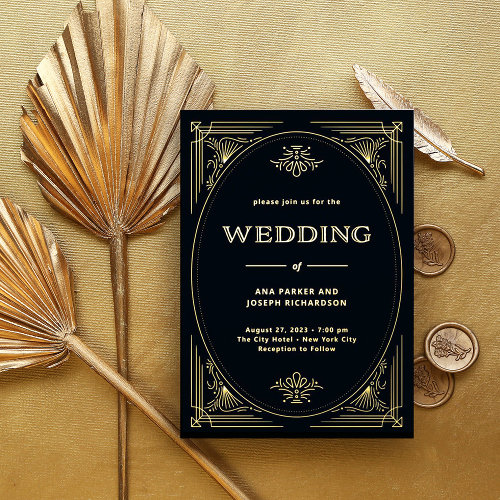 Modern Deco  Elegant Wedding Black and Gold Foil Invitation