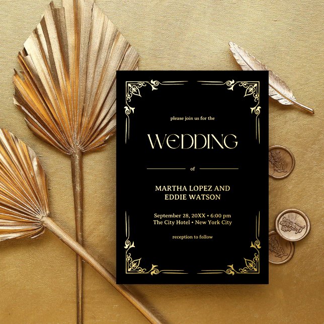 Modern Deco | Elegant Wedding Black and Gold Foil Invitation (Creator Uploaded)