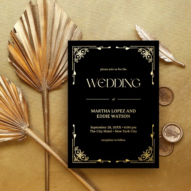 Modern Deco | Elegant Wedding Black and Gold Foil Invitation (Creator Uploaded)