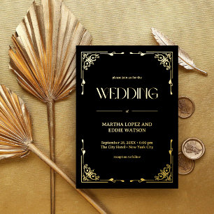 Modern Deco   Elegant Wedding Black and Gold Foil Invitation