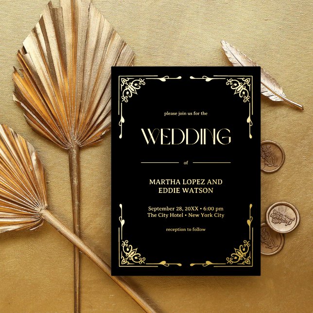 Modern Deco | Elegant Wedding Black and Gold Foil Invitation (Creator Uploaded)
