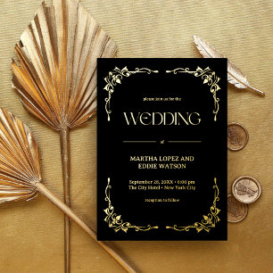 Modern Deco   Elegant Wedding Black and Gold Foil Invitation