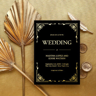 Modern Deco   Elegant Wedding Black and Gold Foil Invitation