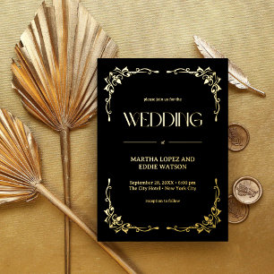 Modern Deco   Elegant Wedding Black and Gold Foil Invitation