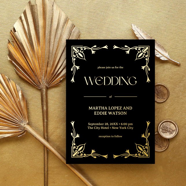 Modern Deco | Elegant Wedding Black and Gold Foil Invitation (Creator Uploaded)