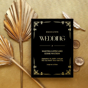 Modern Deco Elegant Wedding Black and Gold Foil Invitation