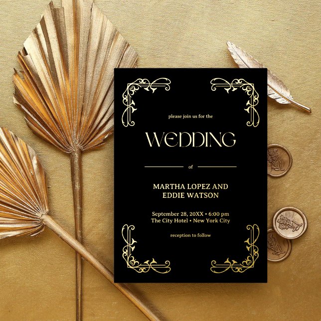 Modern Deco | Elegant Wedding Black and Gold Foil Invitation (Creator Uploaded)