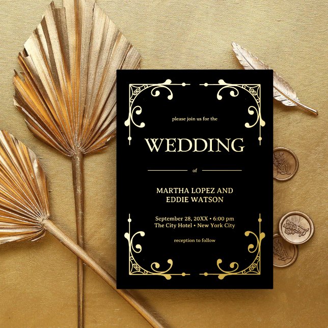 Modern Deco | Elegant Wedding Black and Gold Foil Invitation (Creator Uploaded)