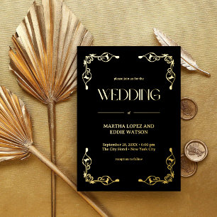 Modern Deco Elegant Wedding Black and Gold Foil Invitation
