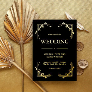 Modern Deco Elegant Wedding Black and Gold Foil Invitation