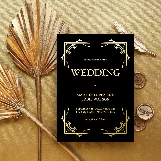 Modern Deco | Elegant Wedding Black and Gold Foil Invitation (Creator Uploaded)