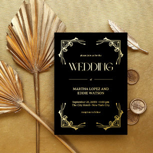 Modern Deco Elegant Wedding Black and Gold Foil Invitation