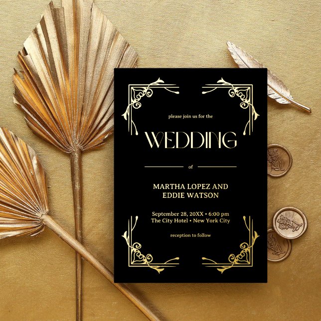 Modern Deco | Elegant Wedding Black and Gold Foil Invitation (Creator Uploaded)