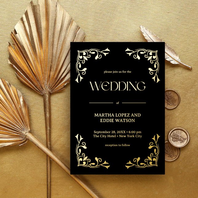 Modern Deco | Elegant Wedding Black and Gold Foil Invitation (Creator Uploaded)