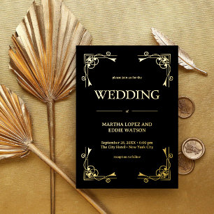 Modern Deco   Elegant Wedding Black and Gold Foil Invitation