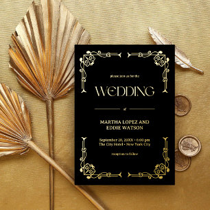Modern Deco   Elegant Wedding Black and Gold Foil Invitation