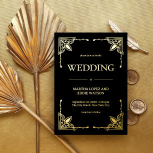 Modern Deco Elegant Wedding Black and Gold Foil Invitation