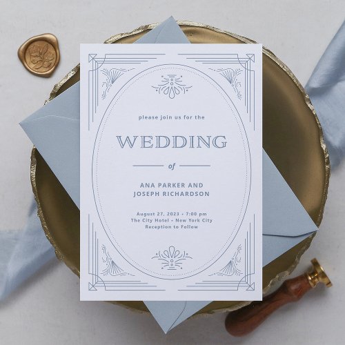 Modern Deco  Elegant White and Dusty Blue Wedding Invitation