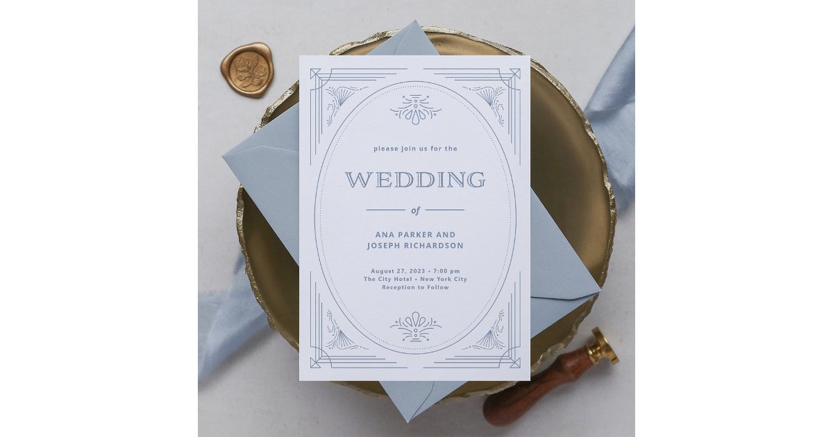 Modern Deco | Elegant White and Dusty Blue Wedding Invitation | Zazzle