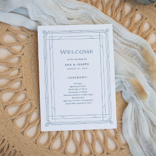Modern Deco Elegant White and Dusty Blue Wedding Program