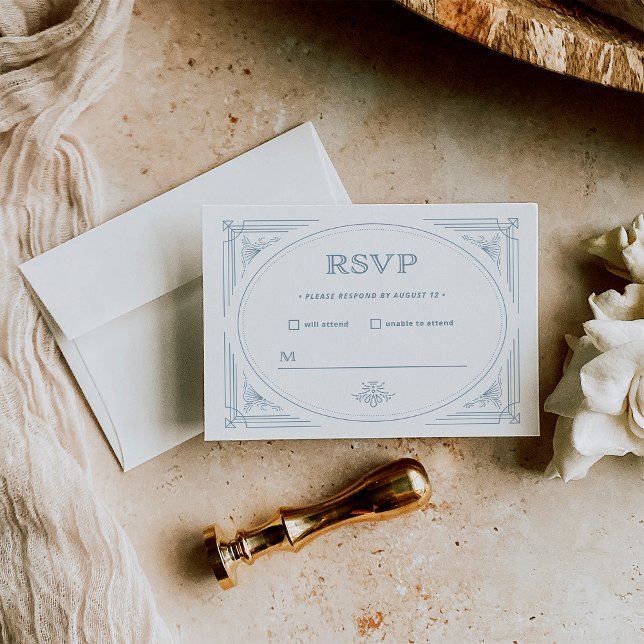 Modern Deco | Elegant White and Dusty Blue Wedding RSVP Card (Creator Uploaded)