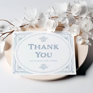 Modern Deco Elegant White and Dusty Blue Wedding Thank You Card