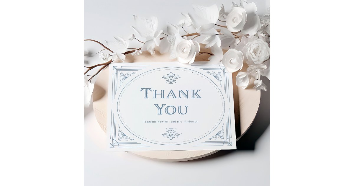 Modern Deco | Elegant White and Dusty Blue Wedding Thank You Card | Zazzle