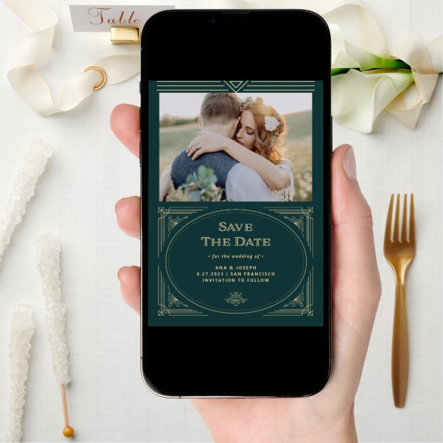 Modern Deco | Emerald Green and Champagne Photo Save The Date (Front Digital)