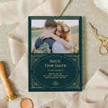 Modern Deco | Emerald Green and Champagne Photo Save The Date<br><div class="desc">These glamorous wedding save the date cards feature a modern spin on classic art deco. An ornate,  faux champagne gold look geometric frame and ornamentation decorate an elegant emerald green background with your favorite personal photo for a dramatic,  vintage wedding look.</div>