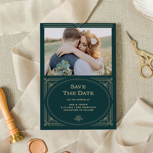 Modern Deco  Emerald Green and Champagne Photo Save The Date