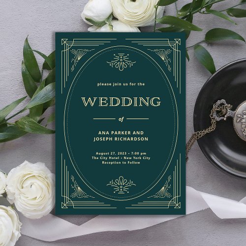 Modern Deco  Emerald Green and Champagne Wedding Invitation