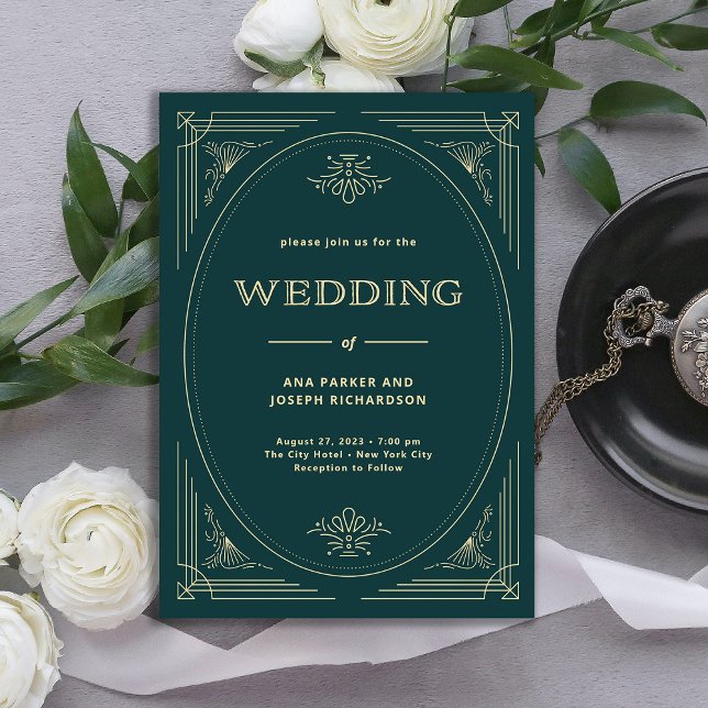 Modern Deco | Emerald Green and Champagne Wedding Invitation (Creator Uploaded)