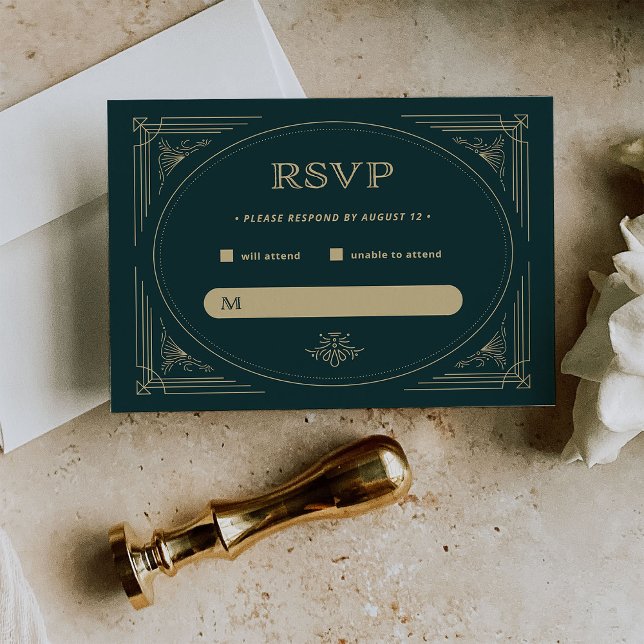 Modern Deco | Emerald Green and Champagne Wedding RSVP Card (A vintage art deco style wedding rsvp, in rich emerald green and champagne colored accents)