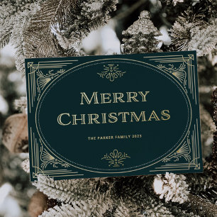 Modern Deco Emerald Green and Photo Christmas Foil Holiday Card