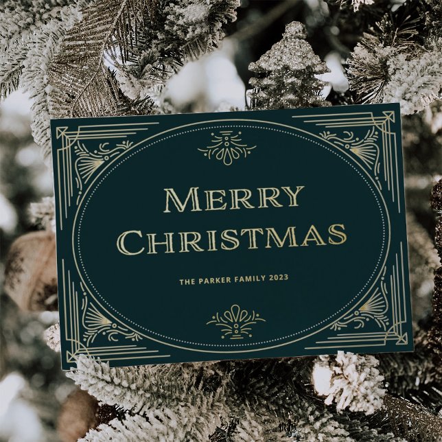Modern Deco | Emerald Green and Photo Christmas Foil Holiday Card (A vintage, art deco style Christmas holiday card in rich emerald green with your photo on the back)