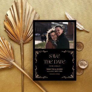 Modern Deco   Faux Gold and Black Photo Wedding Save The Date