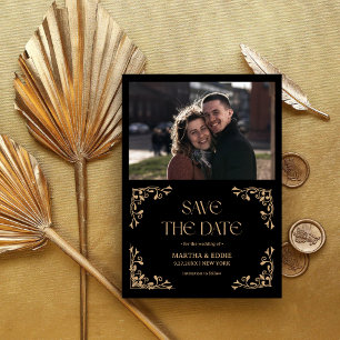 Modern Deco   Faux Gold and Black Photo Wedding Save The Date