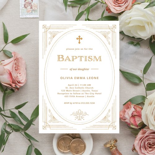 Modern Deco  Faux Gold and White Baptism Invitation