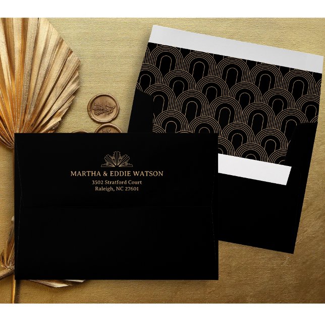 Modern Deco | Faux Gold Look and Black Wedding Envelope (Modern deco black and faux gold envelope adds a refined, luxurious touch to wedding invites)