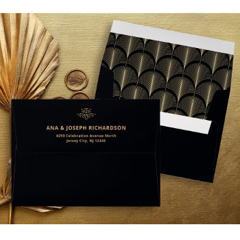 Modern Deco | Faux Gold Look And Black Wedding Envelope by Customize_My_Wedding at Zazzle