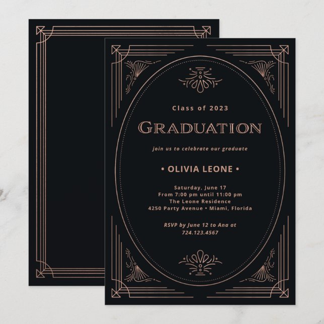 Modern Deco | Faux Rose Gold and Black Graduation Invitation (Front/Back)