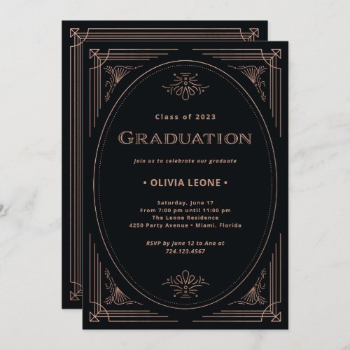 Modern Deco  Faux Rose Gold and Black Graduation Invitation